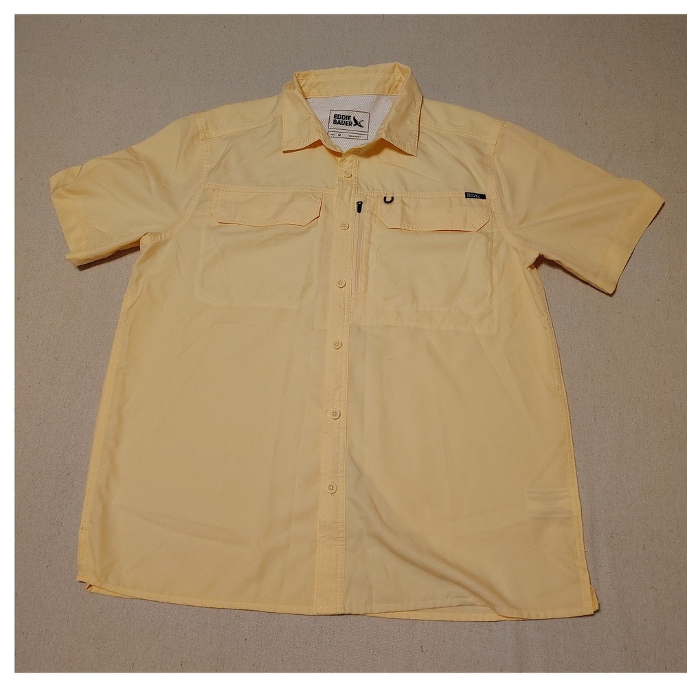 Eddie Bauer Mens Short Sleeve Fishing Shirt Yellow Ripstop Ventilated Medium